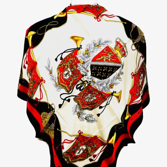 Unused Celine Paris 100% Silk Scarf Satin 34" Beige Black Red Prumpet Bow  (37 - Picture 5 of 16